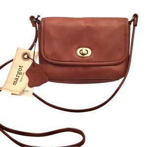 🆕 Margot Vicky Mini Crossbody Bag Cognac Brown Leather Flap Turn Lock Style#2776